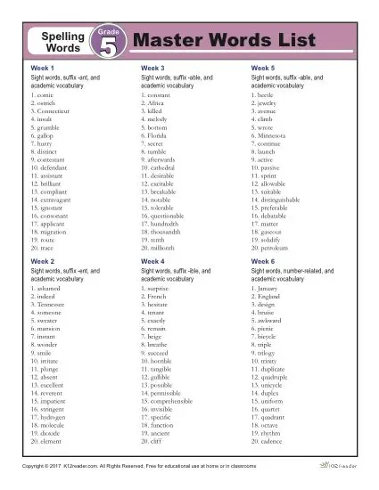 k12reader-spelling-list-grade-5-preschool-k-worksheets