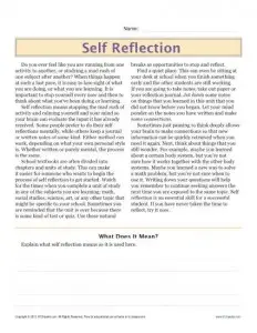 Sixth Grade Reading Comprehension Worksheet | Self Reflection