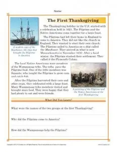 Thanksgiving Worksheets | The First Thanksgiving - Reading Passage And ...