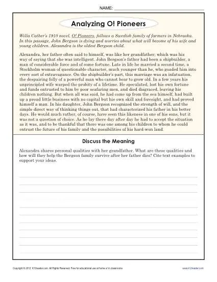 Analyzing O! Pioneers | 8th Grade Reading Comprehension Worksheets