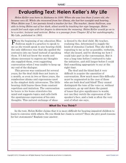 Evaluating Text: My Life | 8th Grade Reading Comprehension Worksheets