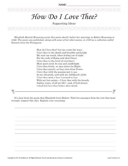 How Do I Love Thee Supporting Ideas 8th Grade Reading Passage Worksheet