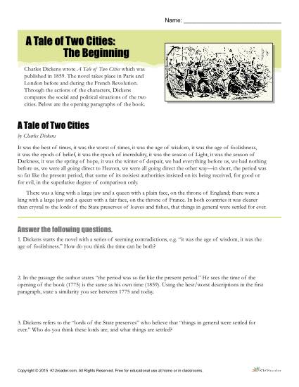 A Tale Of Two Cities Reading Prehension Worksheet