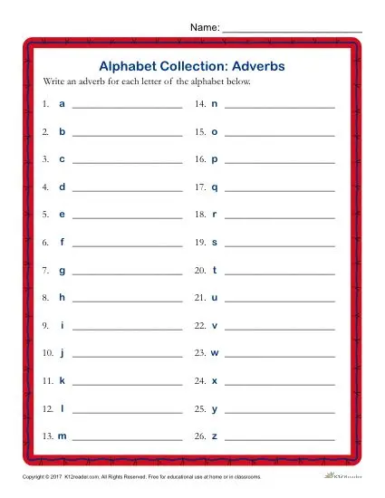 list of adverbs in alphabetical order