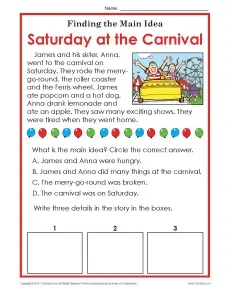 1st Or 2nd Grade Main Idea Worksheet About Carnivals