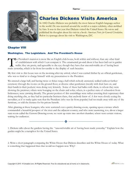 Charles Dickens Visits America Reading Worksheet