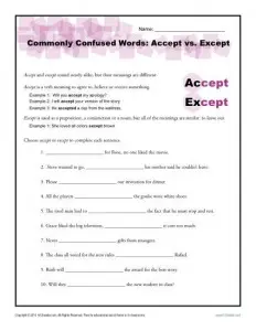 Accept vs. Except Worksheet | Easily Confused Words