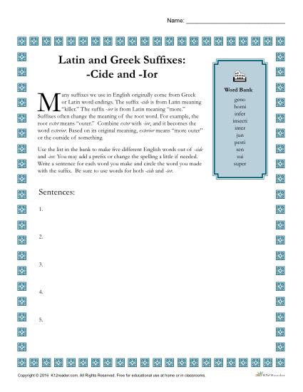 Greek And Latin Suffixes Cide And Ior Printable Worksheets