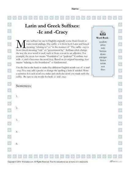 Greek and Latin Suffixes: -Ic and -Cracy | Printable Worksheets