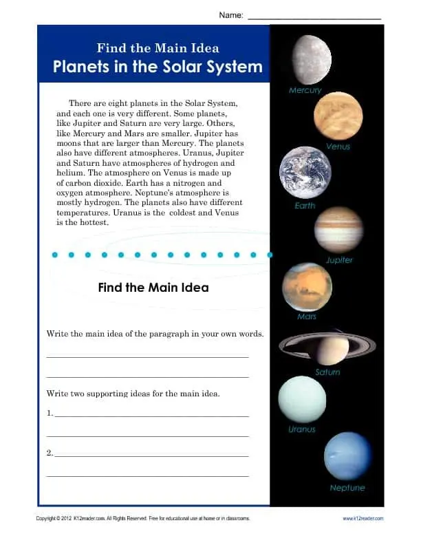 reading comprehension solar system