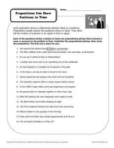 Preposition Worksheet - Prepositions Can Show Positions in Time