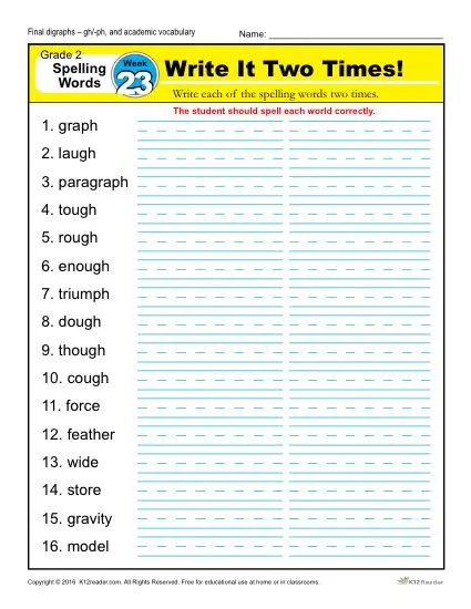 Second Grade Spelling Words List - Week 23 | K12reader